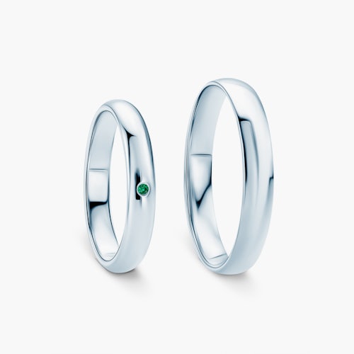 Obrączki Fairytale: białe złoto, szmaragd, półokrągłe, 3 mm i 4 mm